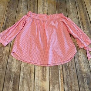 Divided pink and white check off shoulder 3/4 sleeve blouse